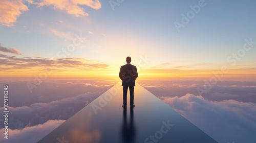 A silhouette of a man stands on a reflective path above the clouds, gazing at a stunning sunrise, symbolizing ambition and limitless possibilities.