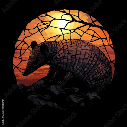 Artistic portrayal of an armadillo silhouette against a vibrant sunset, showcasing intricate details and warm colors with a textured background design photo