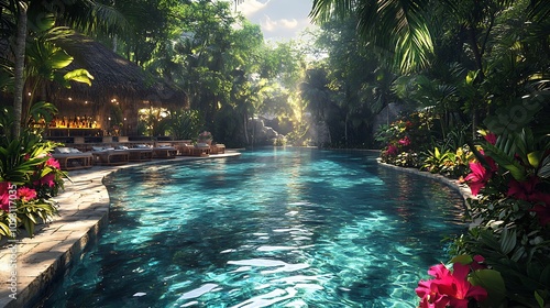 Wallpaper Mural Exotic tropical pool with a swim-up bar, dense foliage and vibrant flowers, crystal-clear water reflecting the sunlight, cozy bar stools in the water, calm and inviting vibe, photorealistic rendering, Torontodigital.ca