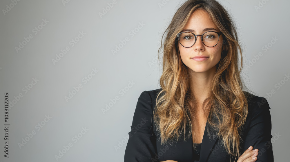 Confident Businesswoman with Glasses and Long Hair Posing in Professional Attire Against a Neutral Background for Corporate and Business Settings Confident Businesswoman with Glasses and Long Hair Posing in Professional Attire Against a Neutral Background for Corporate and Business Settings