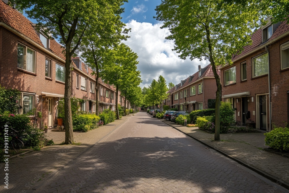Quiet Residential Street with Trees and Modern Buildings Under Cloudy Sky Quiet Residential Street with Trees and Modern Buildings Under Cloudy Sky
