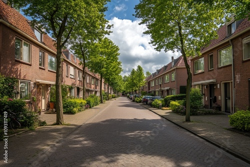 Quiet Residential Street with Trees and Modern Buildings Under Cloudy Sky