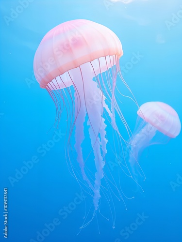 jellyfishs floating in the water with a bright blue sky.