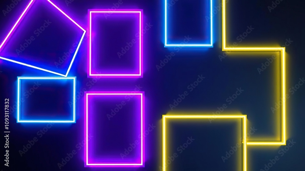 Glowing neon blue and purple picture frames arranged in a geometric pattern on dark navy background, modern home decor, modern decor, geometric patterns Glowing neon blue and purple picture frames arranged in a geometric pattern on dark navy background, modern home decor, modern decor, geometric patterns