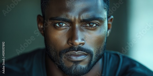 A thoughtful and intense close-up portrait of a man with expressive eyes displaying a depth of emotion, captured in dramatic lighting and composition