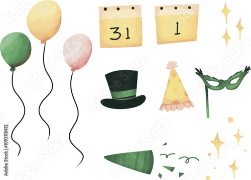 Watercolor new year clip art set, new year party, hand drawn new year party attributes, new year clip art, fire work, party hat, balloons, ribbon, new year vector art isolated on white background.
