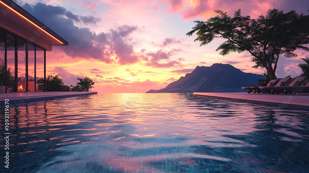 Infinity pool at sunset, calm water reflecting the vibrant colors of the sky, scenic mountain view in the distance, serene and tranquil ambiance, golden and pink hues illuminating the horizon, Infinity pool at sunset, calm water reflecting the vibrant colors of the sky, scenic mountain view in the distance, serene and tranquil ambiance, golden and pink hues illuminating the horizon,