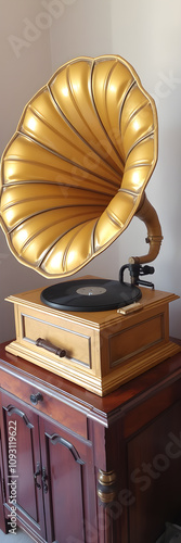 An old gramophone horn painted in muted gold, styled on a wooden console. Generative AI photo