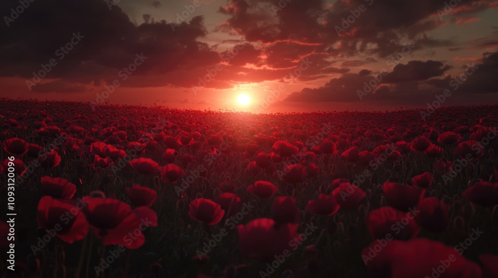 Fototapeta premium Vibrant Sunrise Over a Field of Red Poppies Illuminated by Warm Sunlight with Dramatic Clouds in the Sky Creating a Serene and Breathtaking Landscape