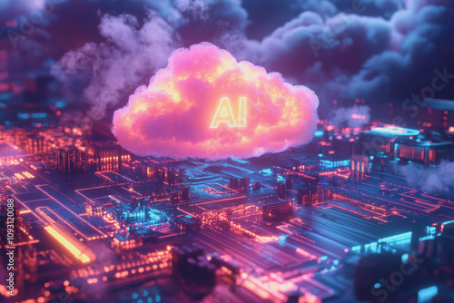 Futuristic Digital Landscape Showcasing Vibrant AI Cloud Above a High-Tech Circuit City with Neon Lights and Misty Atmosphere photo