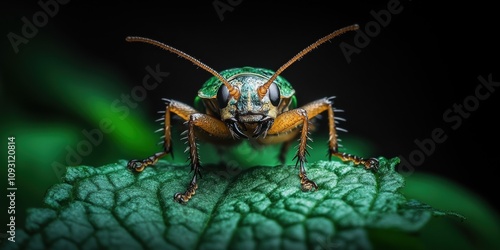 Wallpaper Mural A strikingly detailed close-up image of a vibrant beetle perched on a leaf, showcasing intricate textures and colors in a natural setting with dramatic lighting Torontodigital.ca