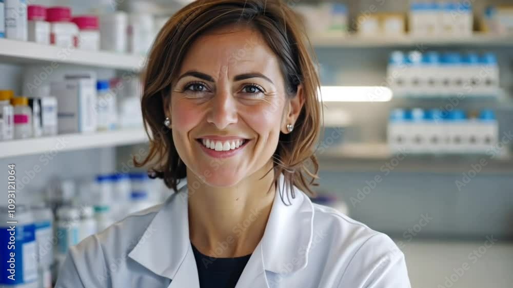 Confident pharmacist with arms crossed in a laboratory, symbol of healthcare expertise.