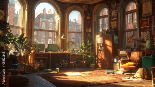 A sunlit room with arched windows  a desk  a leather armchair  and potted plants.