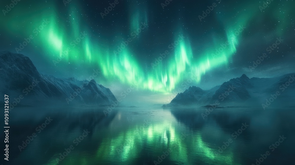 A breathtaking view of the Northern Lights reflecting over a serene, icy landscape. A breathtaking view of the Northern Lights reflecting over a serene, icy landscape.