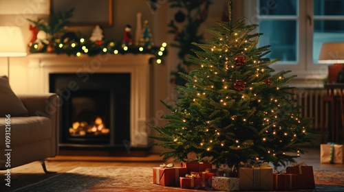 A freshly cut real Christmas tree standing in a living room, surrounded by presents and glowing lights