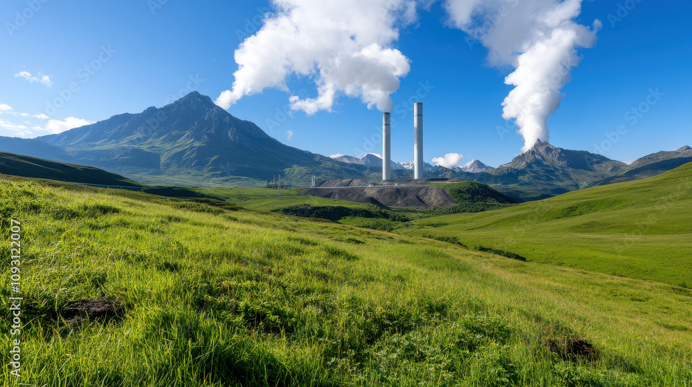 Green landscape with geothermal power plant and mountains in background Green landscape with geothermal power plant and mountains in background