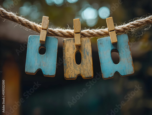 Photo - Wooden Letters AOW Hanging on Rope with Clothespins photo