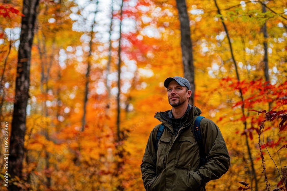 Man Hiking In Autumn Foliage Scenic Woods Man Hiking In Autumn Foliage Scenic Woods