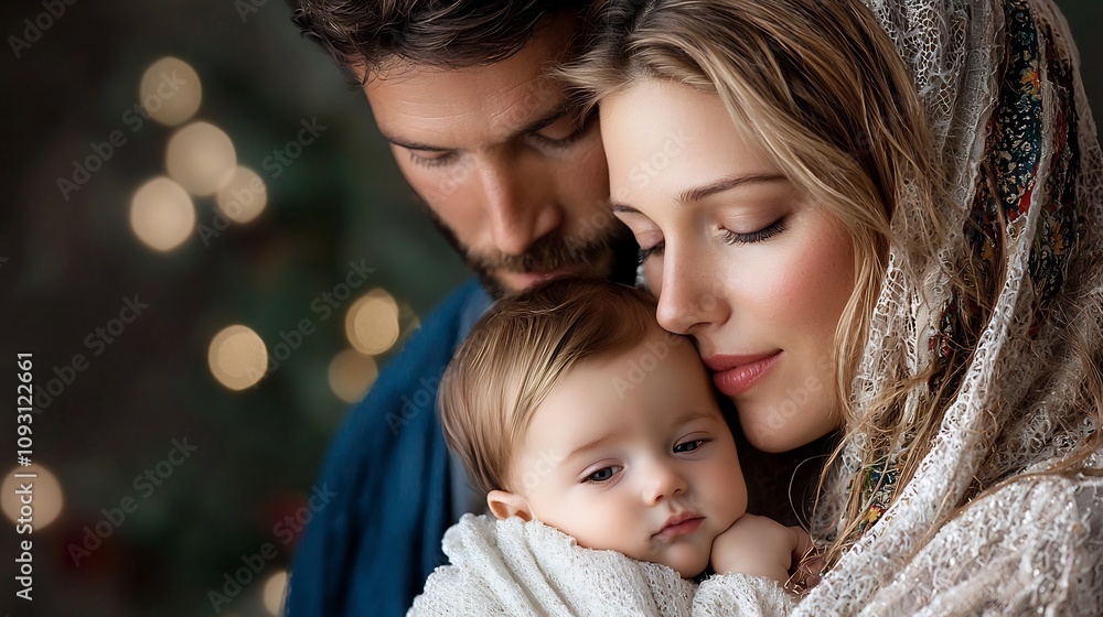 Obraz premium Peaceful and Serene Depiction of The Holy Family with Mary Tenderly Cradling the Infant Jesus as Joseph Looks on with Loving Devotion