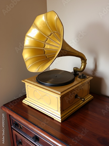 An old gramophone horn painted in muted gold, styled on a wooden console. Generative AI photo