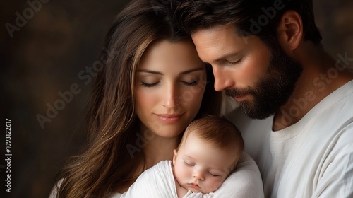 Delicate Brushstrokes Capturing the Peaceful Embrace of the Holy Family with Mary Cradling Baby Jesus and Joseph Gazing Lovingly Radiating a Glowing Light of Divine Grace