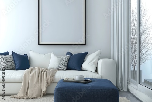 Minimalist Scandinavian Living Room with Navy Blue Ottoman and Beige Sofa, Featuring Modern Art Deco Design and Large Frame Poster