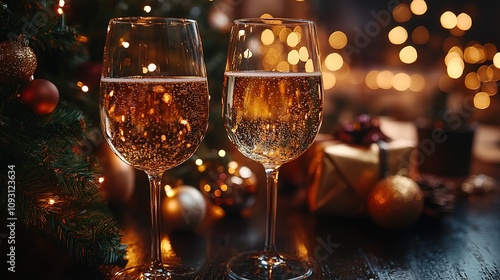 Two champagne glasses next to a decorated Christmas tree, with sparkling bokeh lights in the background, evoking holiday celebration and luxury. Concept of festive season, luxury, and celebration. 8k