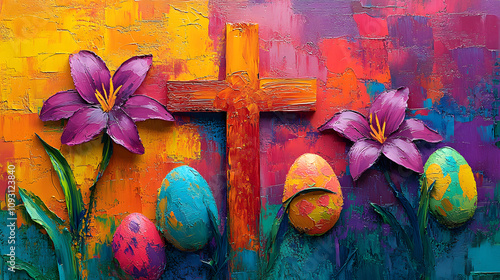 Wallpaper Mural An abstract digital painting using bold, expressive brushstrokes to depict Easter symbols such as a cross, lilies, and colorful eggs, blending vibrant colors and dynamic textures. Torontodigital.ca