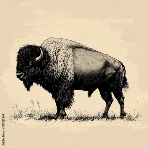 Majestic Bison Standing Proudly in a Natural Landscape, Showcasing Thick Fur and Strong Physique Against a Soft, Earthy Background Setting