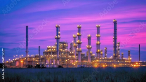 Industrial facility at sunset energy production urban environment night view technology and nature fusion