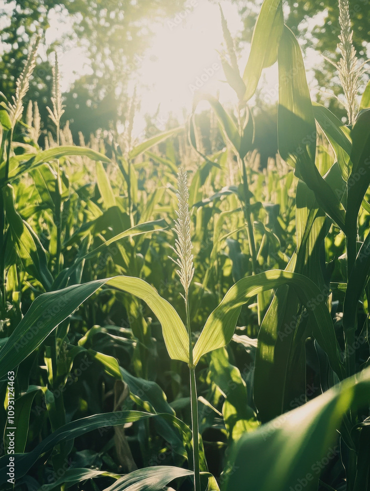 A grain of corn in the middle, surrounded by tall green leaves, with sunlight shining through them. The background is blurred and filled with other plants growing around A grain of corn in the middle, surrounded by tall green leaves, with sunlight shining through them. The background is blurred and filled with other plants growing around