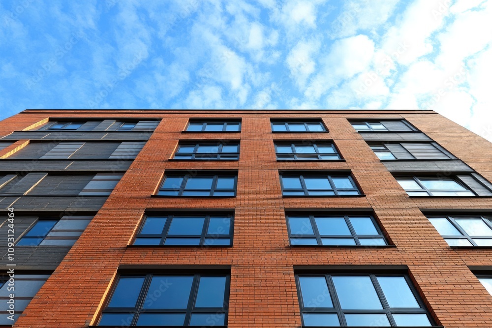 Modern Residential Building with Spacious Exterior and Urban Skyline View Modern Residential Building with Spacious Exterior and Urban Skyline View