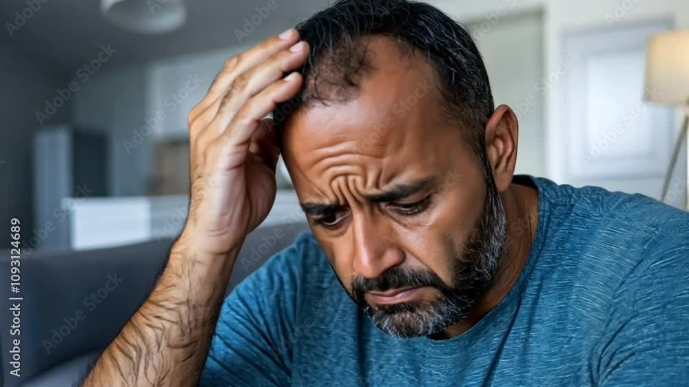 Man holding his head in pain, suffering from a headache, stress and health issues Man holding his head in pain, suffering from a headache, stress and health issues