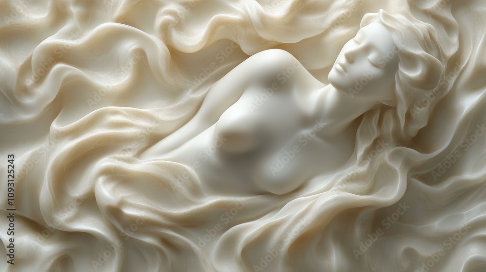 A serene and ethereal depiction of a reclining figure enveloped in graceful, fluid waves of fabric, evoking a sense of tranquility and timeless beauty A serene and ethereal depiction of a reclining figure enveloped in graceful, fluid waves of fabric, evoking a sense of tranquility and timeless beauty