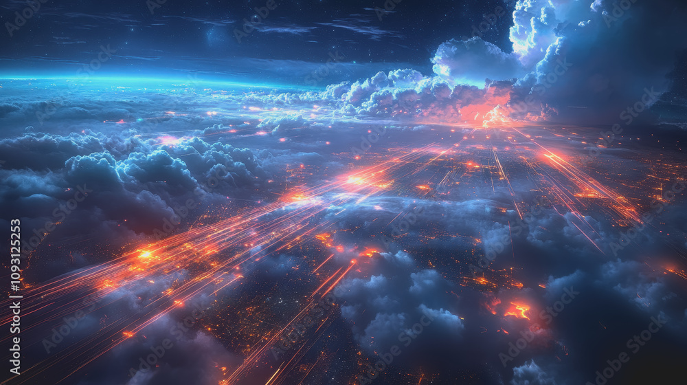 Network of Glowing Nodes and Lines Symbolizing Digital Connections in a Dreamlike Landscape with Dramatic Clouds and Atmospheric Light Effects Network of Glowing Nodes and Lines Symbolizing Digital Connections in a Dreamlike Landscape with Dramatic Clouds and Atmospheric Light Effects