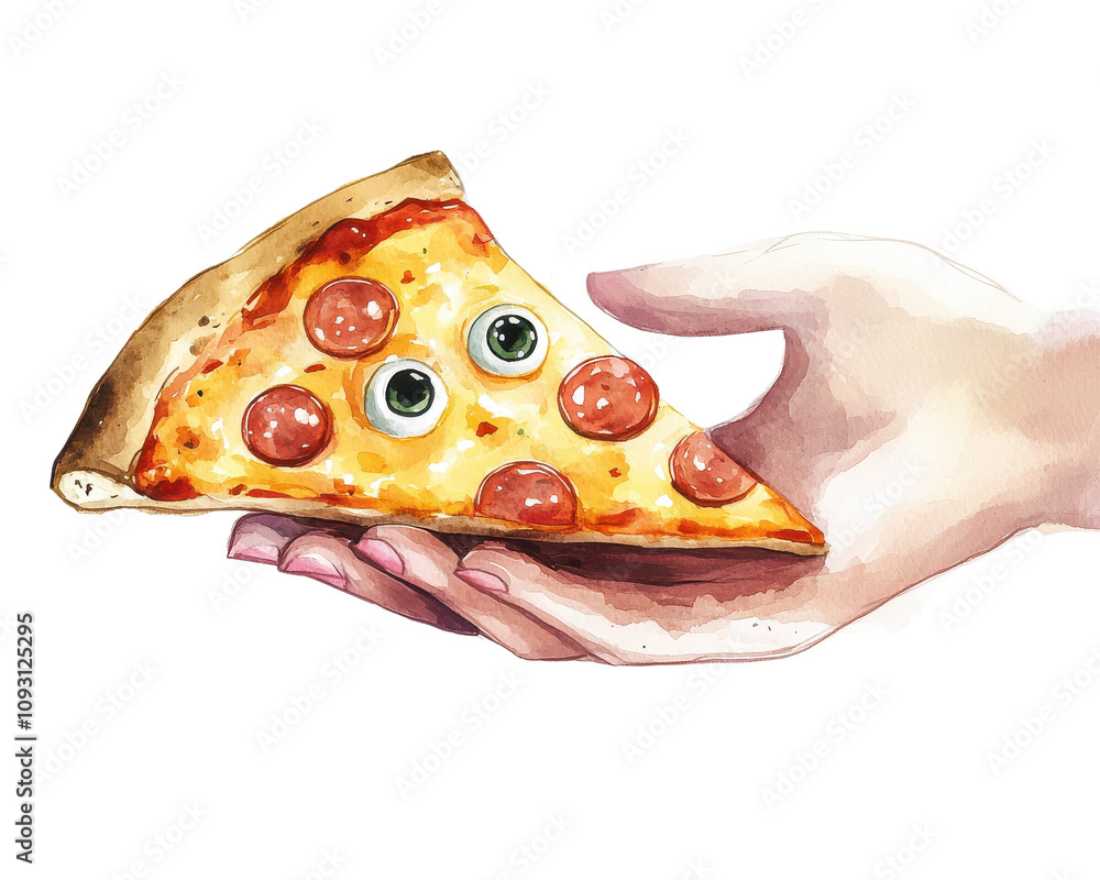 Hand holding a slice of pizza with googly eyes, colorful and playful design. Hand holding a slice of pizza with googly eyes, colorful and playful design.