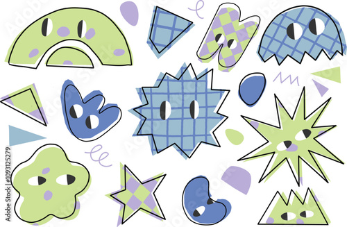 Big set with cute smile faces stickers. Big vector shape with eyes collection. Ready children sticker prints.