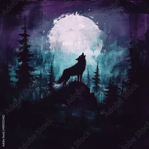 Majestic Lone Wolf Silhouetted Against a Mystical Moonlight Landscape Surrounded by Dark Forest Trees Under a Starry Night Sky