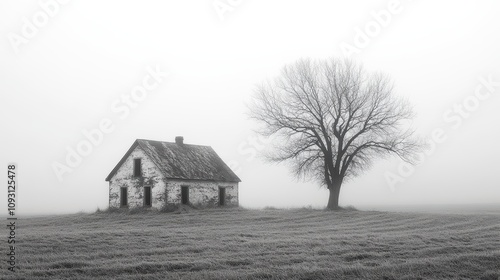 A solitary, weathered house stands in a foggy field, accompanied by a leafless tree, creating a serene yet melancholic rural landscape scene