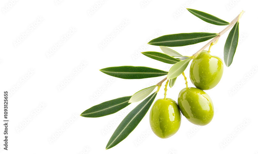 Green olives with leaves and oil drops isolated on white background Green olives with leaves and oil drops isolated on white background