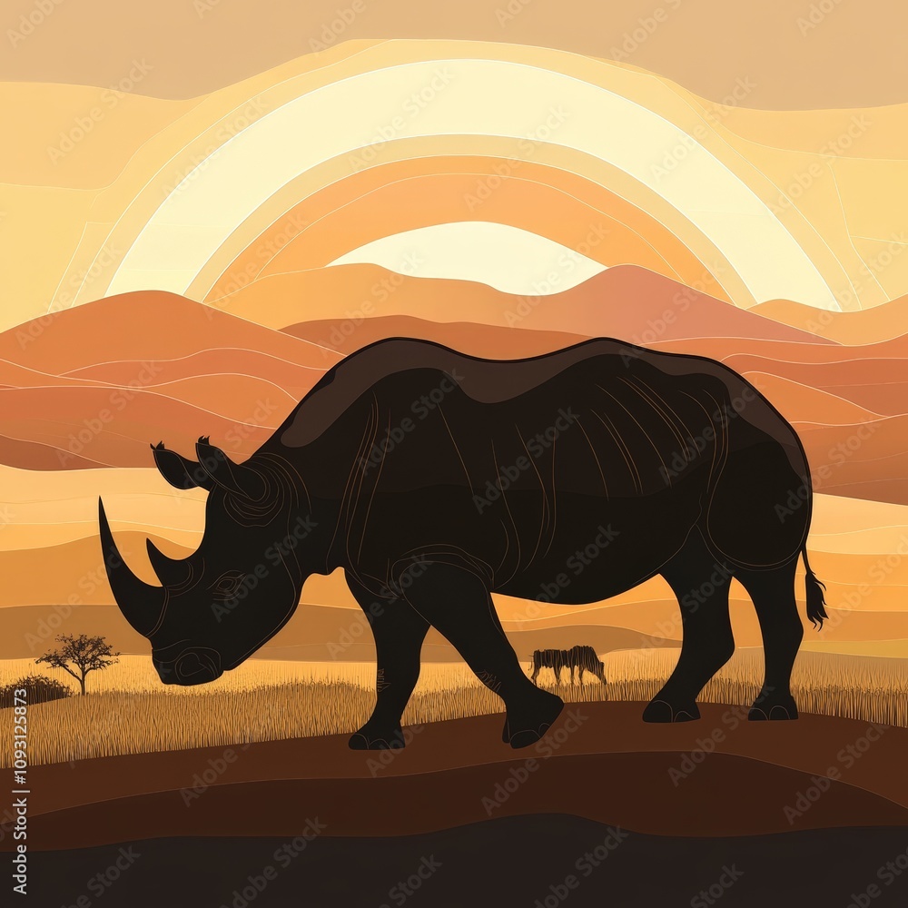 Fototapeta premium Majestic Rhino Silhouette Against Vibrant Sunset Over African Savanna with Rolling Hills and Sparse Acacia Trees in the Background Evoking Nature's Raw Beauty and Serenity