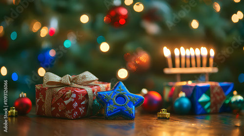 Festive scene with wrapped gifts, a glowing menorah, colorful ornaments, and warm lights in front of a decorated Christmas tree.
 photo