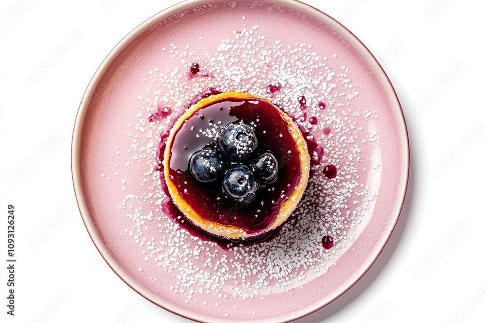 Table with homemade dessert. Classic baked mini Cheesecake with a blueberry topping sauce directly above sprinkled with white sugar on a pink plate. top view isolated on white background Table with homemade dessert. Classic baked mini Cheesecake with a blueberry topping sauce directly above sprinkled with white sugar on a pink plate. top view isolated on white background