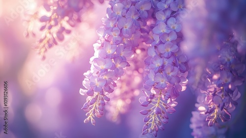 Wallpaper Mural A beautifully detailed close-up capture of delicate purple wisteria flowers blooming in a soft, dreamy ambiance, highlighting nature's intricate beauty Torontodigital.ca
