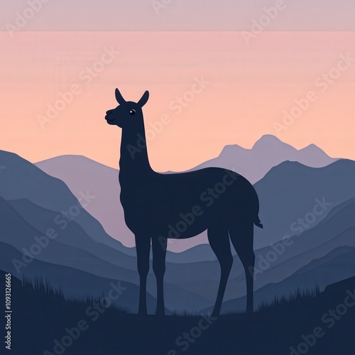 Majestic Silhouette of a Llama Standing Against a Beautiful Sunset Overlapping Rolling Mountains and Hills in a Peaceful Landscape