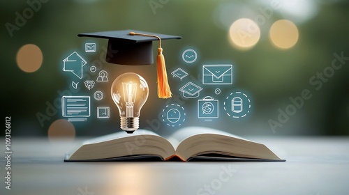 Illuminated Education Glowing Opportunity for Digital Learning and Achievements  An image depicting an open book with a graduation cap surrounded by icons representing online courses