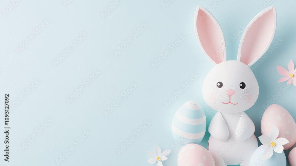 Obraz premium Crafting a festive atmosphere with paper easter bunny and colorful eggs. Generative AI