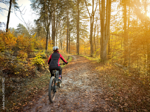 woman cycling with electric mountain bike at sunset in a colorful autumn forest in Baden-Wuerttemberg, Germany