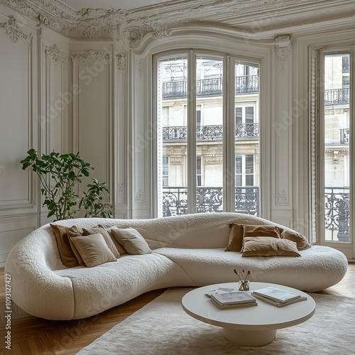 Stylish Modern Living Room Showcasing Sculptural White Sofa and Elegant Decor in a Chic Parisian Apartment Bathed in Natural Light