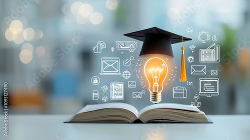 educational concept with a glowing lightbulb sitting on an open book capped with a graduation hat surrounded by icons of online learning and e degree set in a dreamy bokeh environment
